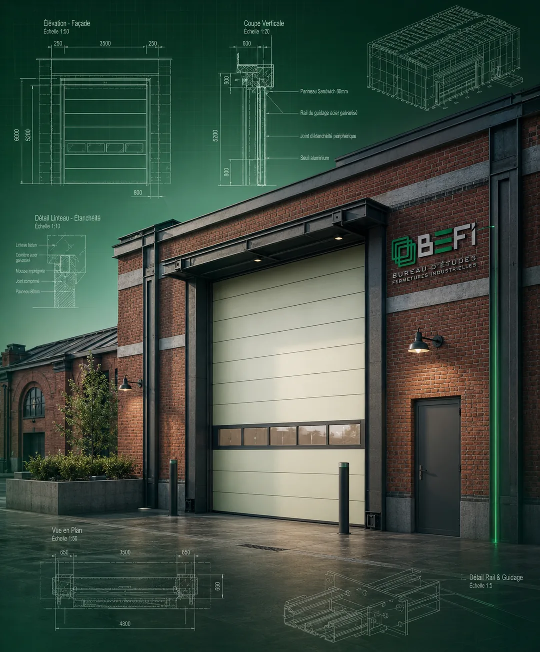 Façade industrielle BEFI avec plans techniques de fermeture en surimpression