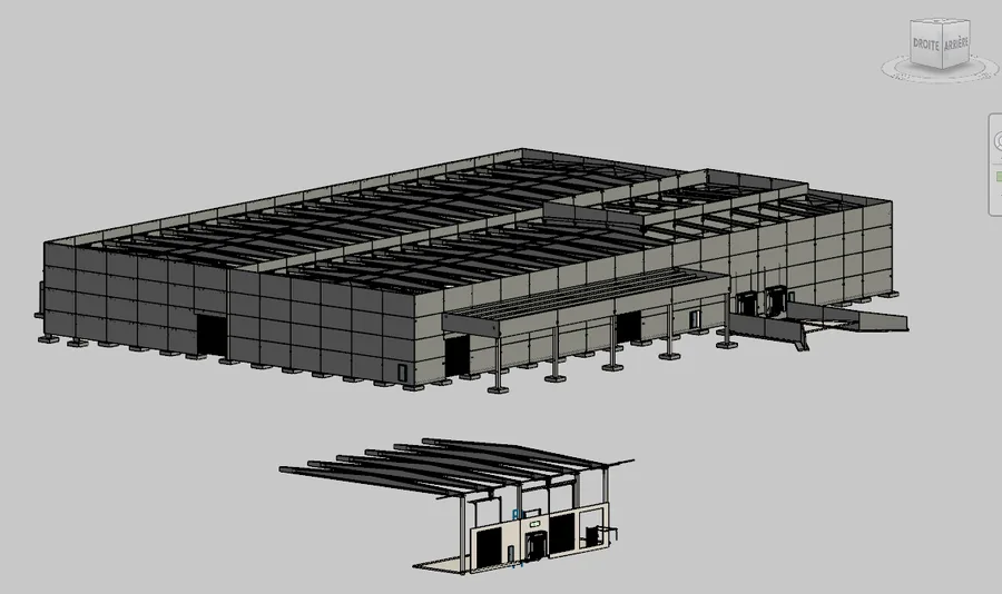 Maquette BIM d'un bâtiment industriel avec intégration de fermetures techniques